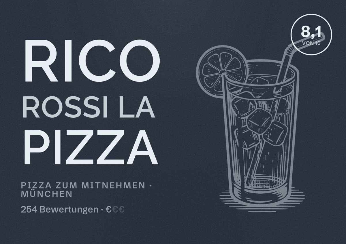 Illustriertes Poster von Rico Rossi La Pizza, Pizza zum Mitnehmen in München: Bewertung 8,1 von 10 aus 254 Bewertungen, Preisniveau €