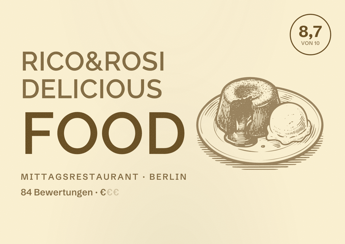 Illustriertes Poster von Rico&Rosi delicious food, Mittagsrestaurant in Berlin: Bewertung 8,7 von 10 aus 84 Bewertungen, Preisniveau €