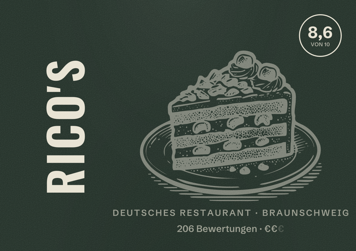 Illustriertes Poster von Rico's, Deutsches Restaurant in Braunschweig: Bewertung 8,6 von 10 aus 206 Bewertungen, Preisniveau €€