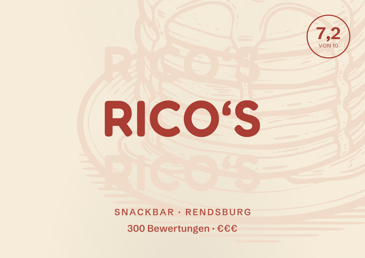 Illustriertes Poster von Rico‘s, Snackbar in Rendsburg: Bewertung 7,2 von 10 aus 300 Bewertungen, Preisniveau €€€