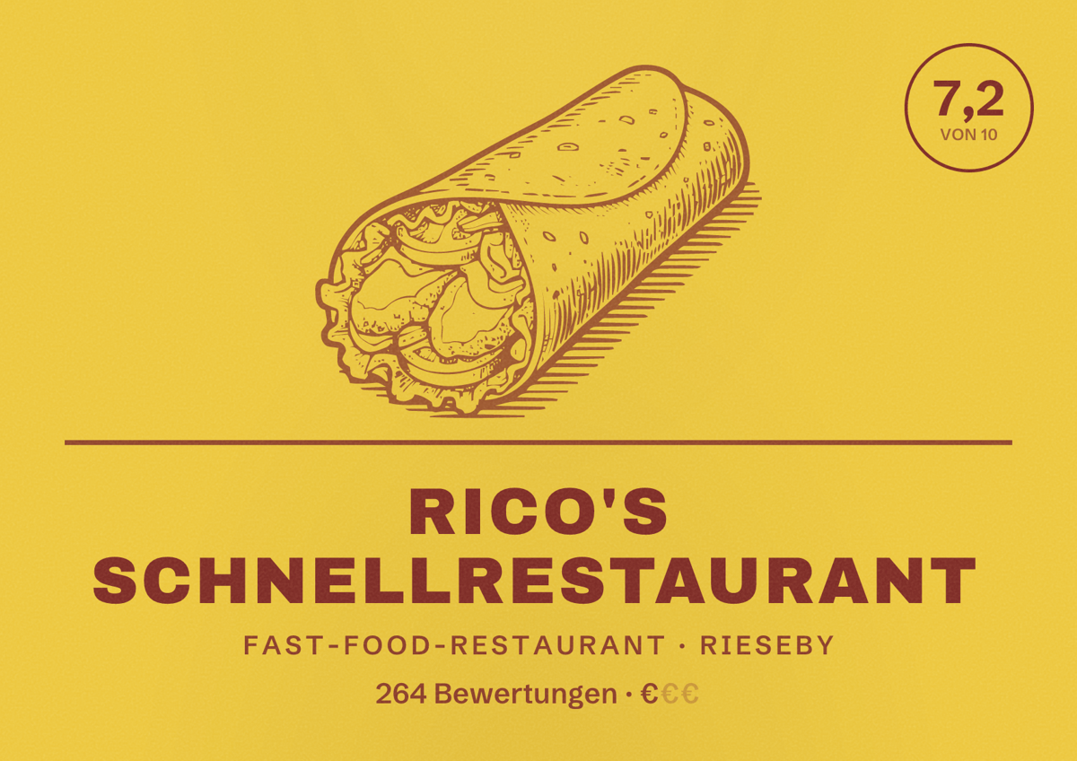 Illustriertes Poster von RICO'S Schnellrestaurant, Fast-Food-Restaurant in Rieseby: Bewertung 7,2 von 10 aus 264 Bewertungen, Preisniveau €