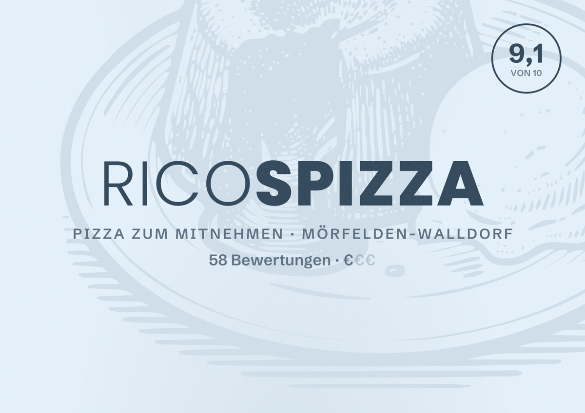 Illustriertes Poster von Ricospizza, Pizza zum Mitnehmen in Mörfelden-Walldorf: Bewertung 9,1 von 10 aus 58 Bewertungen, Preisniveau €