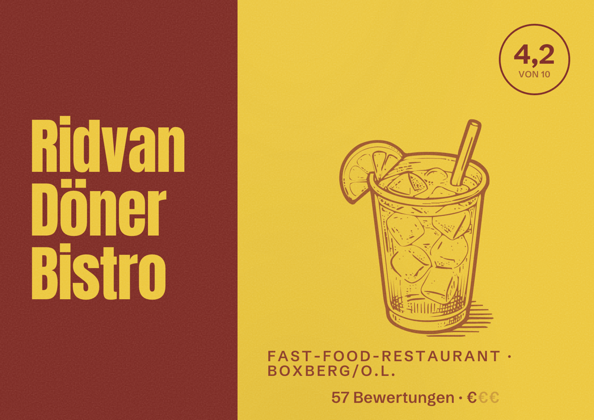 Illustriertes Poster von Ridvan Döner Bistro, Fast-Food-Restaurant in Boxberg/O.L.: Bewertung 4,2 von 10 aus 57 Bewertungen, Preisniveau €