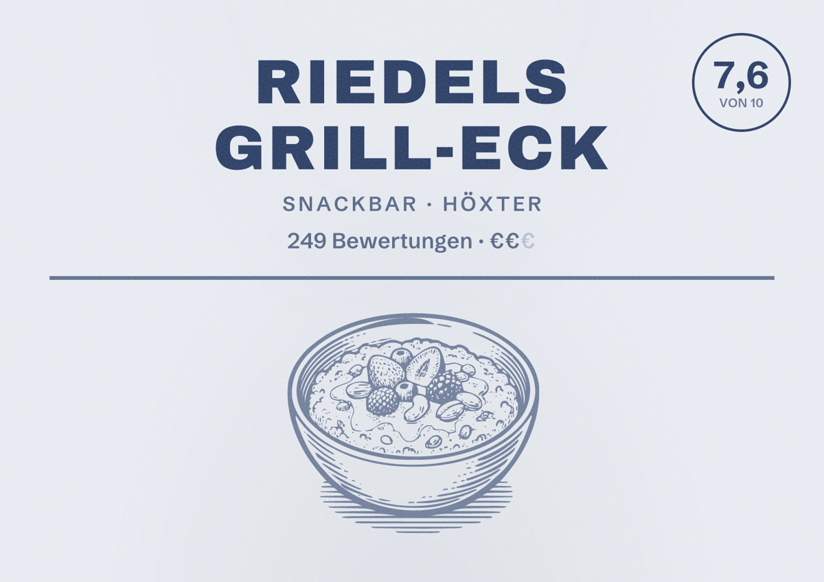 Illustriertes Poster von Riedels Grill-Eck, Snackbar in Höxter: Bewertung 7,6 von 10 aus 249 Bewertungen, Preisniveau €€