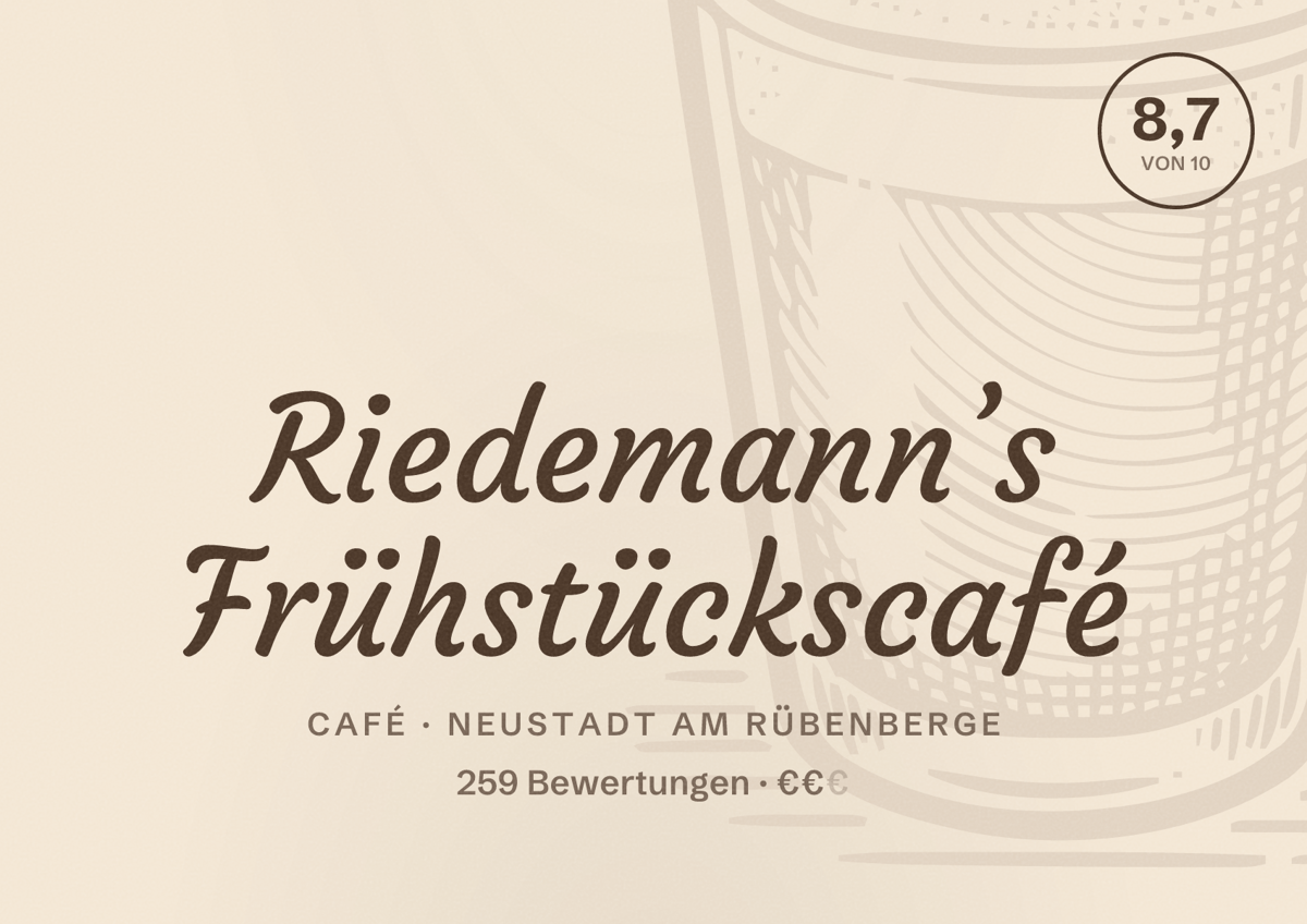 Illustriertes Poster von Riedemann’s Frühstückscafé, Café in Neustadt am Rübenberge: Bewertung 8,7 von 10 aus 259 Bewertungen, Preisniveau €€
