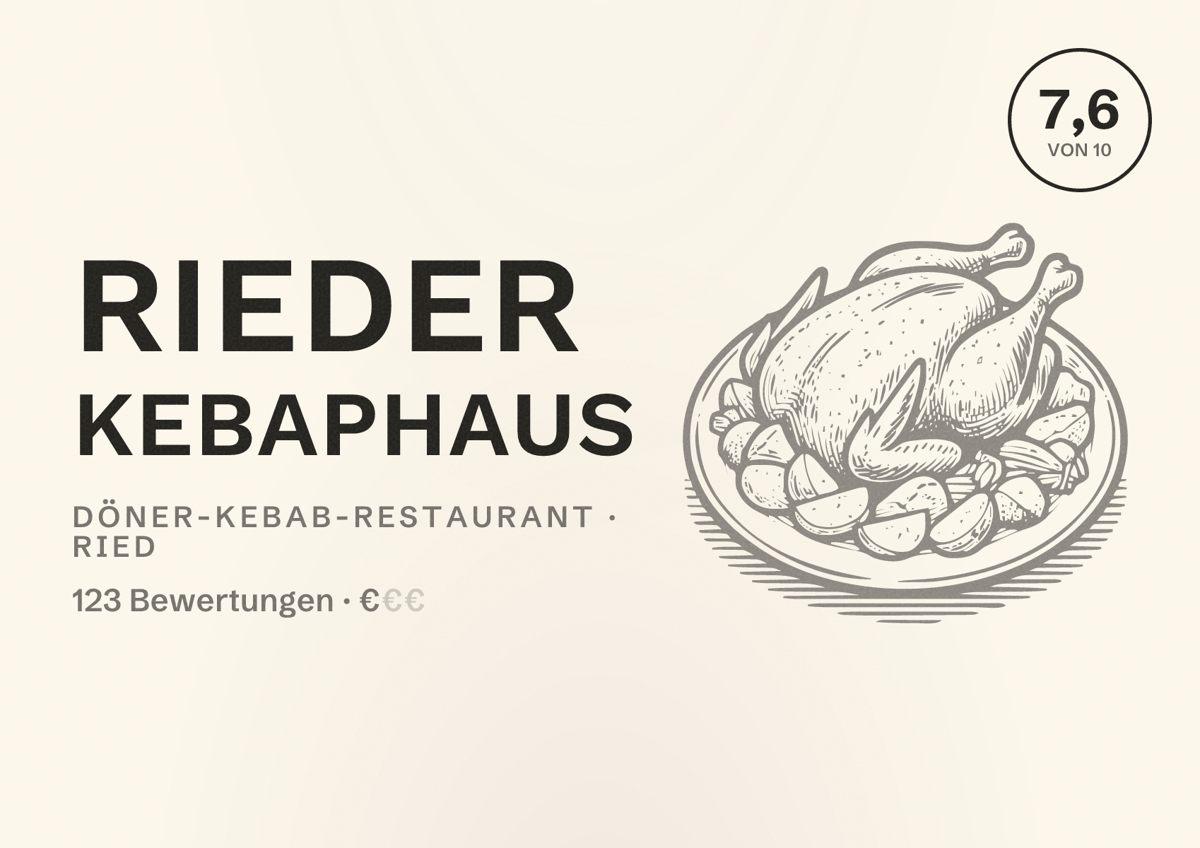 Illustriertes Poster von Rieder Kebaphaus, Döner-Kebab-Restaurant in Ried: Bewertung 7,6 von 10 aus 123 Bewertungen, Preisniveau €