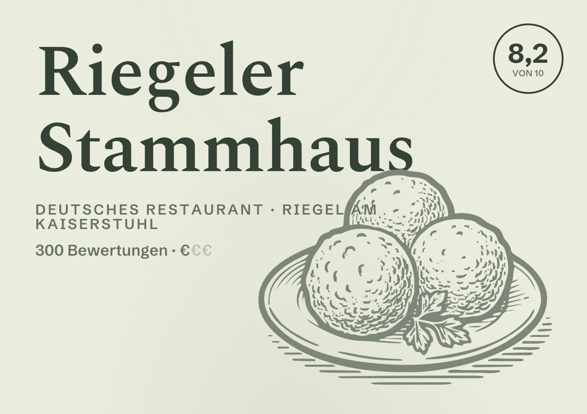 Illustriertes Poster von Riegeler Stammhaus, Deutsches Restaurant in Riegel am Kaiserstuhl: Bewertung 8,2 von 10 aus 300 Bewertungen, Preisniveau €