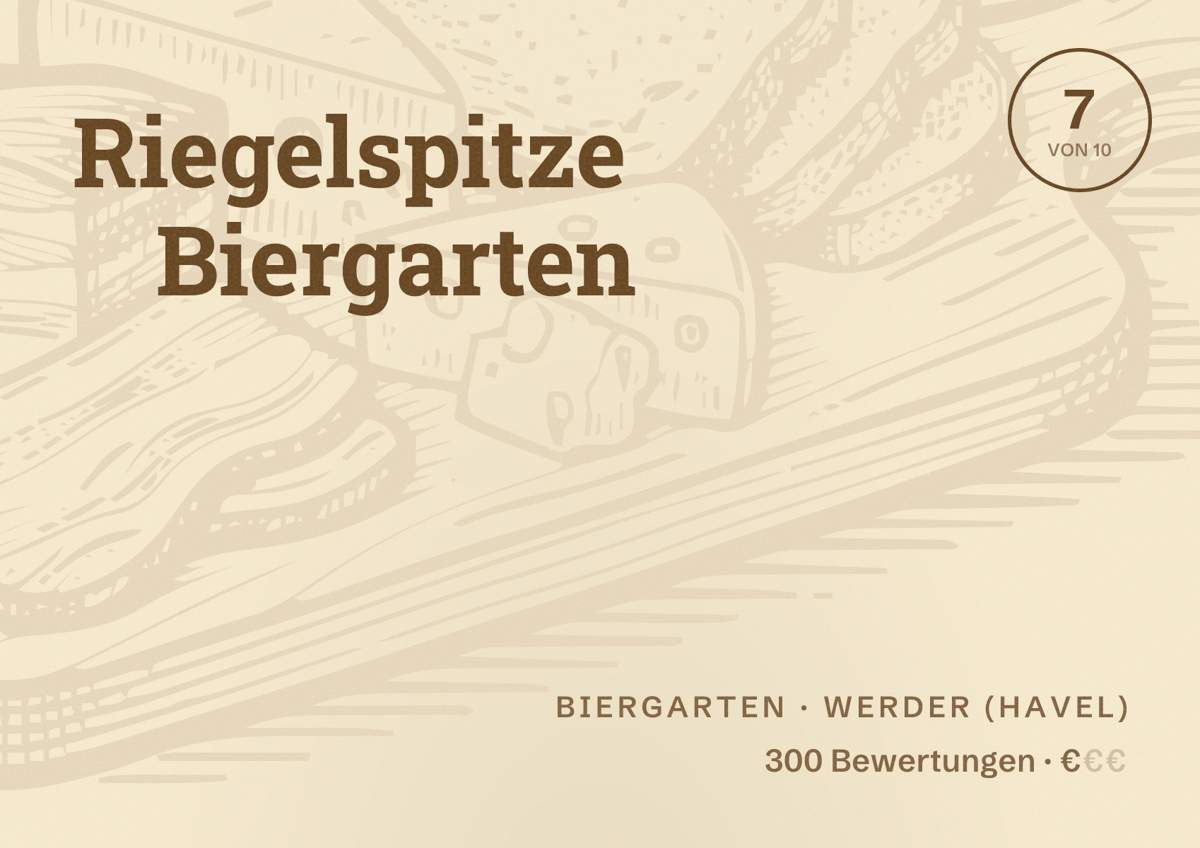 Illustriertes Poster von Riegelspitze Biergarten, Biergarten in Werder (Havel): Bewertung 7 von 10 aus 300 Bewertungen, Preisniveau €