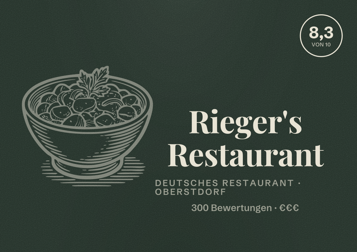 Illustriertes Poster von Rieger's Restaurant, Deutsches Restaurant in Oberstdorf: Bewertung 8,3 von 10 aus 300 Bewertungen, Preisniveau €€€