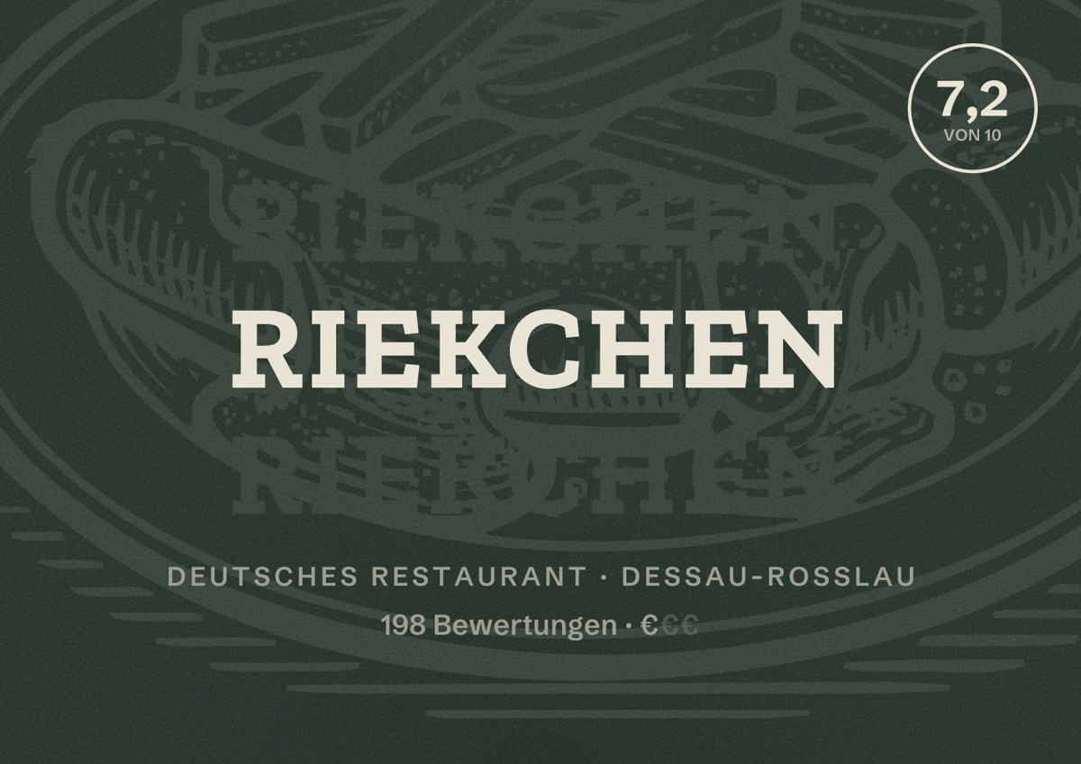 Illustriertes Poster von Riekchen, Deutsches Restaurant in Dessau-Roßlau: Bewertung 7,2 von 10 aus 198 Bewertungen, Preisniveau €