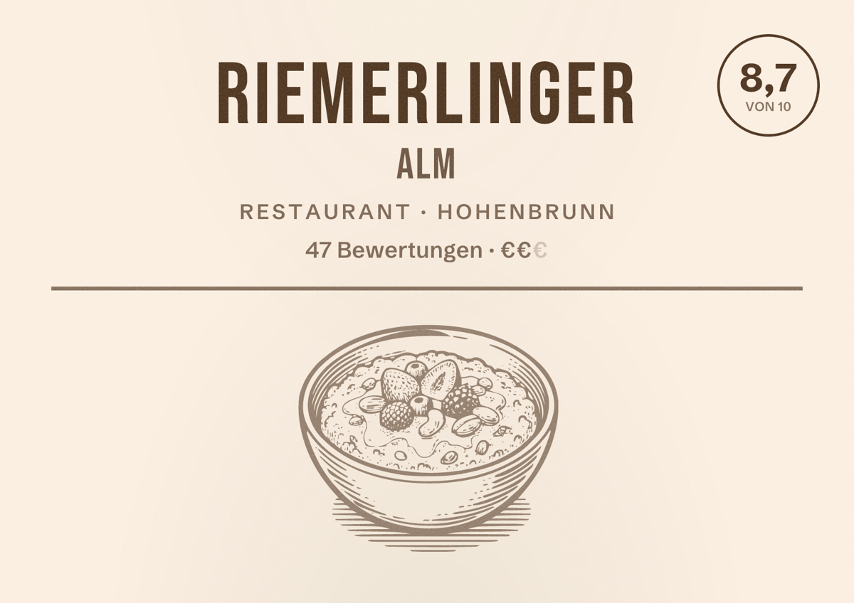 Illustriertes Poster von Riemerlinger Alm, Restaurant in Hohenbrunn: Bewertung 8,7 von 10 aus 47 Bewertungen, Preisniveau €€