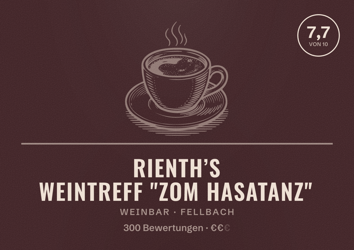 Illustriertes Poster von Rienth’s Weintreff "Zom Hasatanz", Weinbar in Fellbach: Bewertung 7,7 von 10 aus 300 Bewertungen, Preisniveau €€
