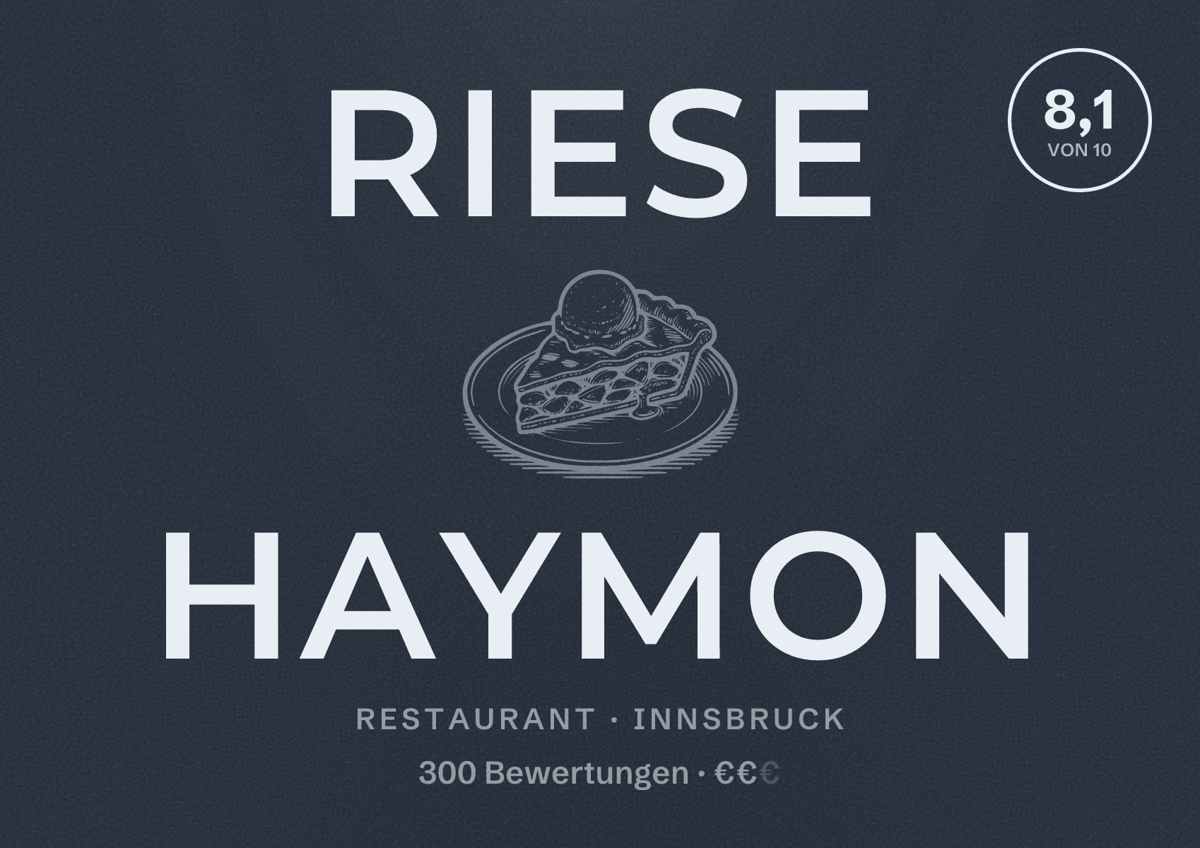 Illustriertes Poster von Riese Haymon, Restaurant in Innsbruck: Bewertung 8,1 von 10 aus 300 Bewertungen, Preisniveau €€