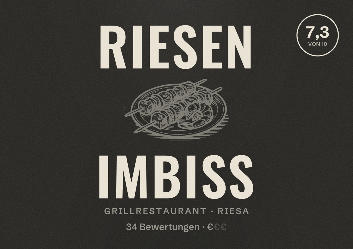 Illustriertes Poster von Riesen Imbiss, Grillrestaurant in Riesa: Bewertung 7,3 von 10 aus 34 Bewertungen, Preisniveau €