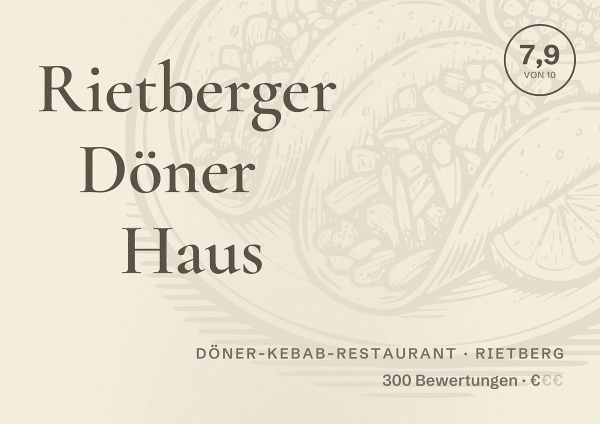 Illustriertes Poster von Rietberger Döner Haus, Döner-Kebab-Restaurant in Rietberg: Bewertung 7,9 von 10 aus 300 Bewertungen, Preisniveau €