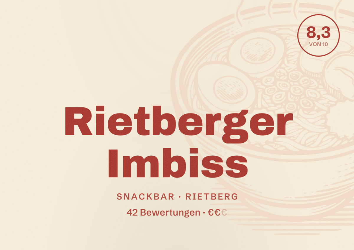 Illustriertes Poster von Rietberger Imbiss, Snackbar in Rietberg: Bewertung 8,3 von 10 aus 42 Bewertungen, Preisniveau €€