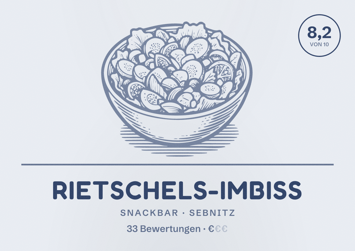 Illustriertes Poster von Rietschels-Imbiss, Snackbar in Sebnitz: Bewertung 8,2 von 10 aus 33 Bewertungen, Preisniveau €
