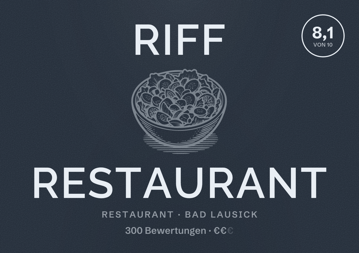 Illustriertes Poster von RIFF Restaurant, Restaurant in Bad Lausick: Bewertung 8,1 von 10 aus 300 Bewertungen, Preisniveau €€
