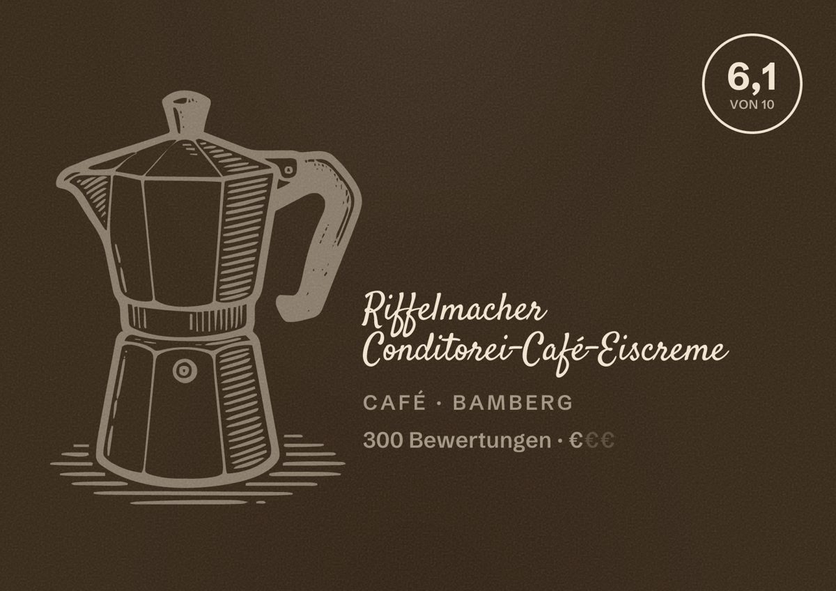 Illustriertes Poster von Riffelmacher Conditorei-Café-Eiscreme, Café in Bamberg: Bewertung 6,1 von 10 aus 300 Bewertungen, Preisniveau €