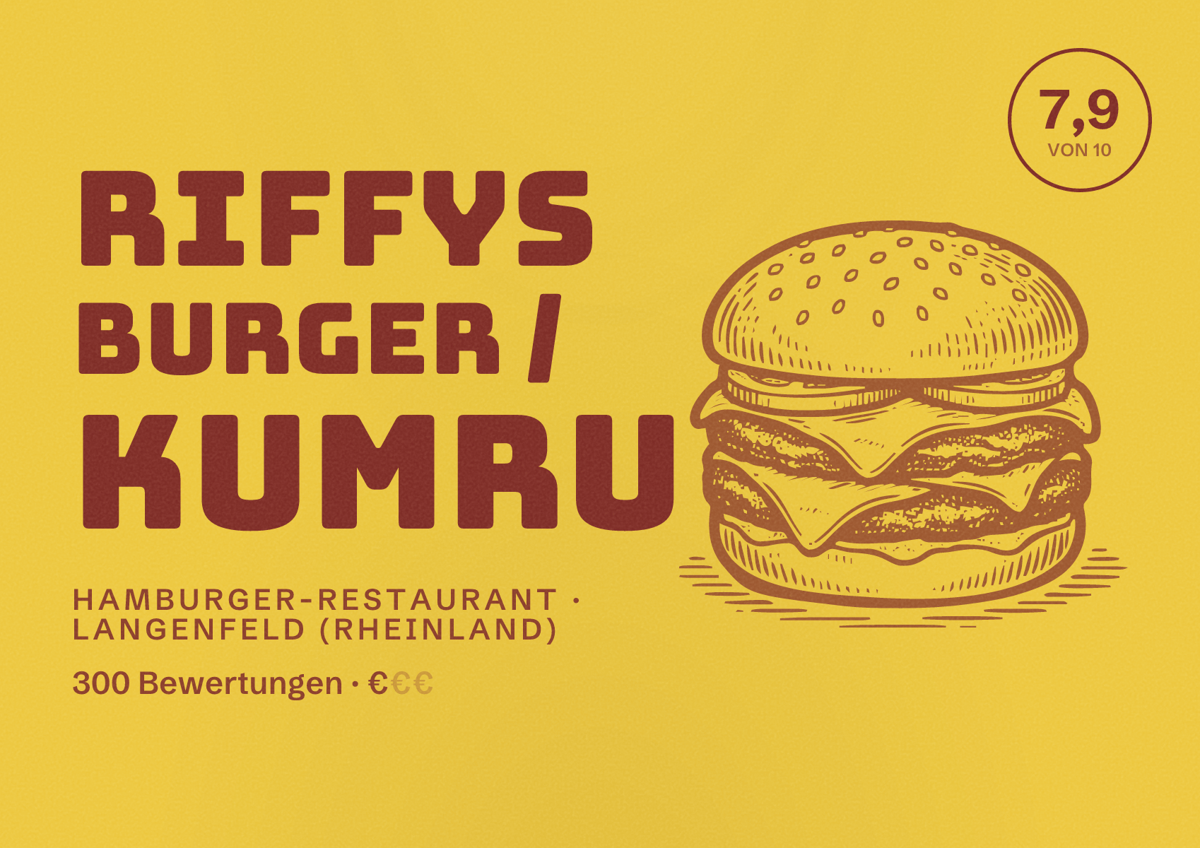 Illustriertes Poster von Riffys Burger / Kumru, Hamburger-Restaurant in Langenfeld (Rheinland): Bewertung 7,9 von 10 aus 300 Bewertungen, Preisniveau €