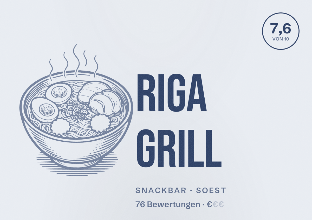 Illustriertes Poster von Riga Grill, Snackbar in Soest: Bewertung 7,6 von 10 aus 76 Bewertungen, Preisniveau €