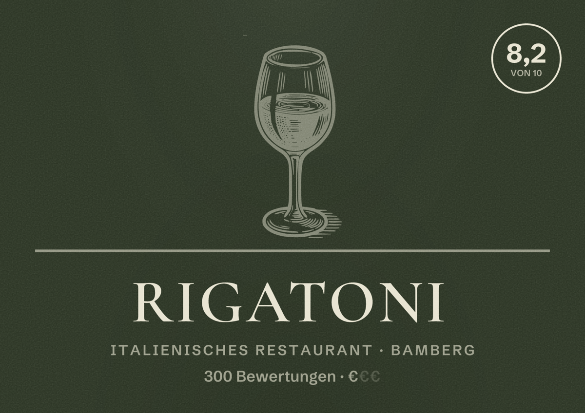 Illustriertes Poster von RigaToni, Italienisches Restaurant in Bamberg: Bewertung 8,2 von 10 aus 300 Bewertungen, Preisniveau €