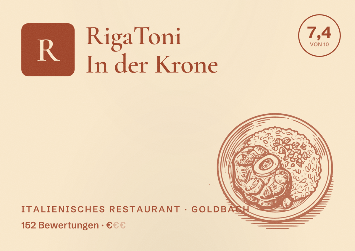Illustriertes Poster von RigaToni In der Krone, Italienisches Restaurant in Goldbach: Bewertung 7,4 von 10 aus 152 Bewertungen, Preisniveau €