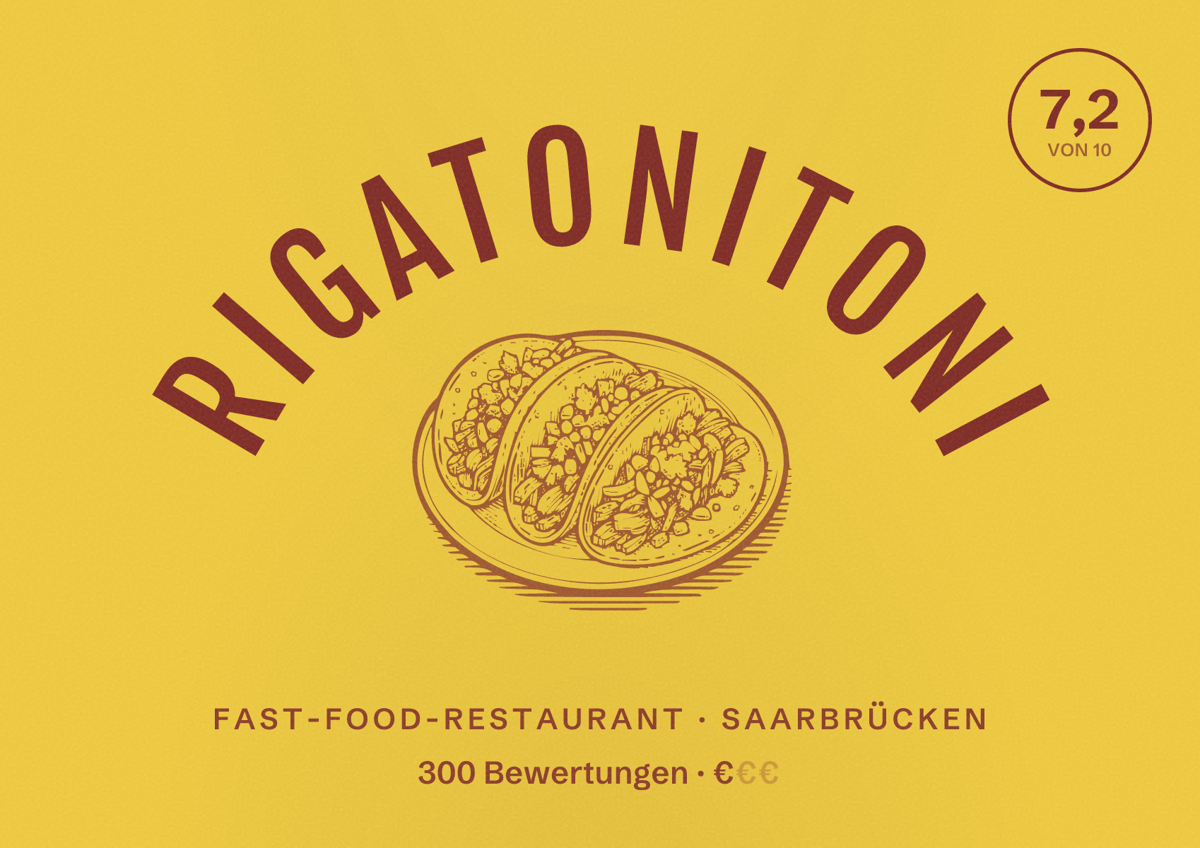 Illustriertes Poster von RigatoniToni, Fast-Food-Restaurant in Saarbrücken: Bewertung 7,2 von 10 aus 300 Bewertungen, Preisniveau €