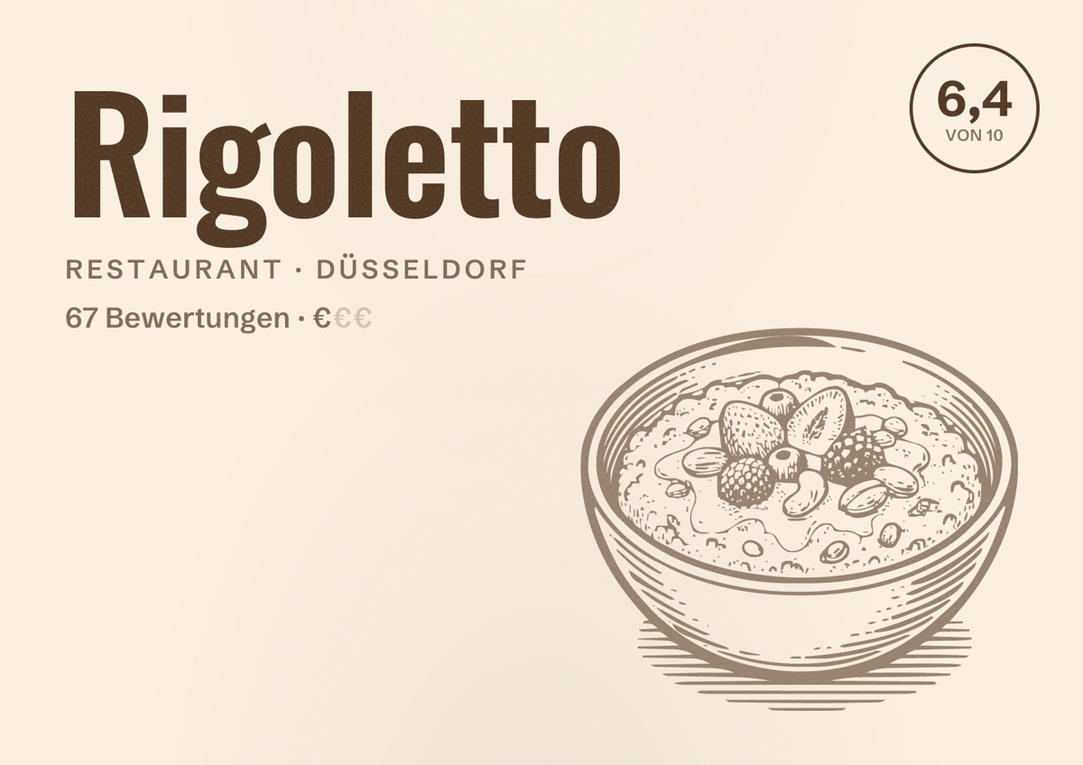 Illustriertes Poster von Rigoletto, Restaurant in Düsseldorf: Bewertung 6,4 von 10 aus 67 Bewertungen, Preisniveau €