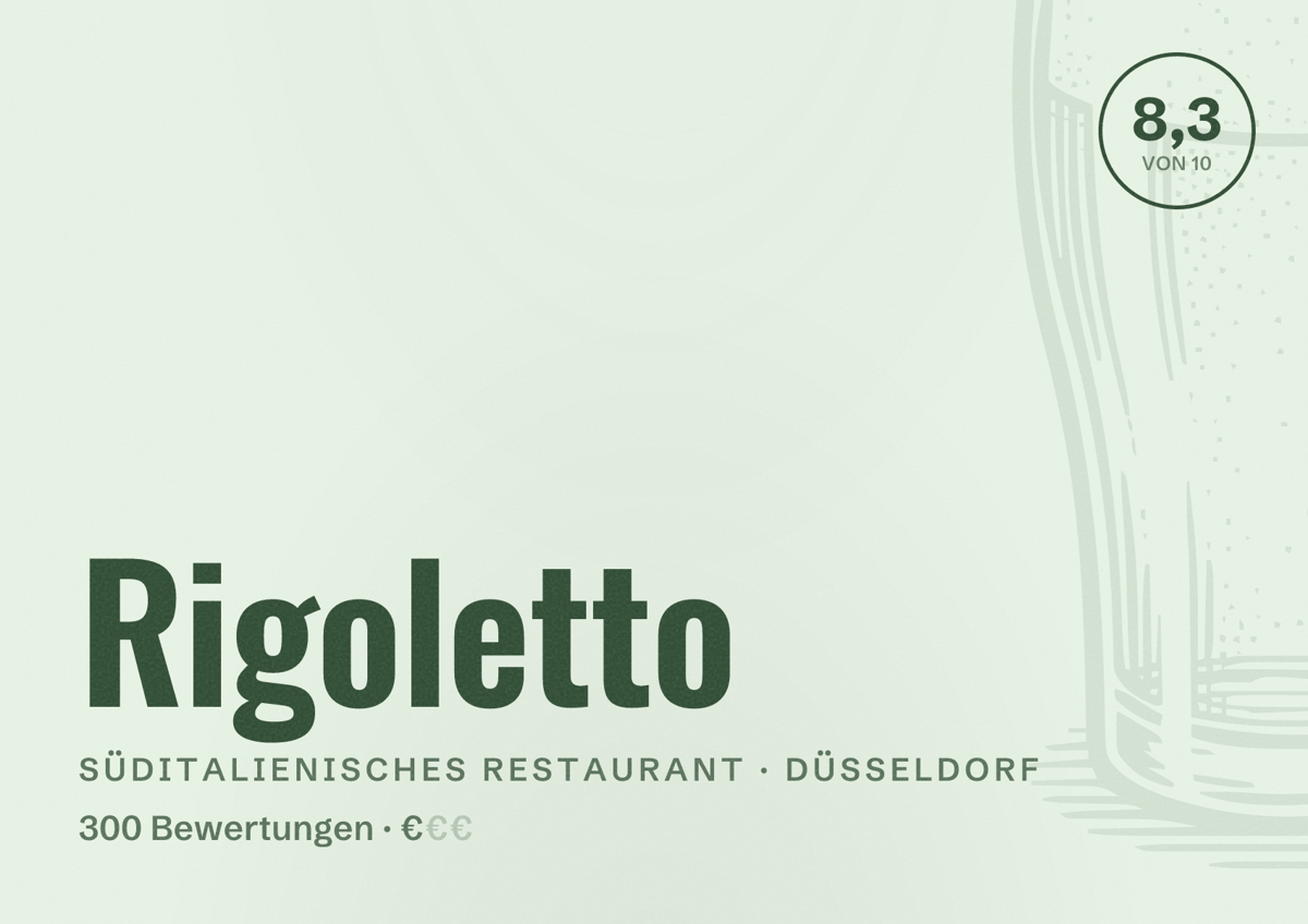 Illustriertes Poster von Rigoletto, Süditalienisches Restaurant in Düsseldorf: Bewertung 8,3 von 10 aus 300 Bewertungen, Preisniveau €