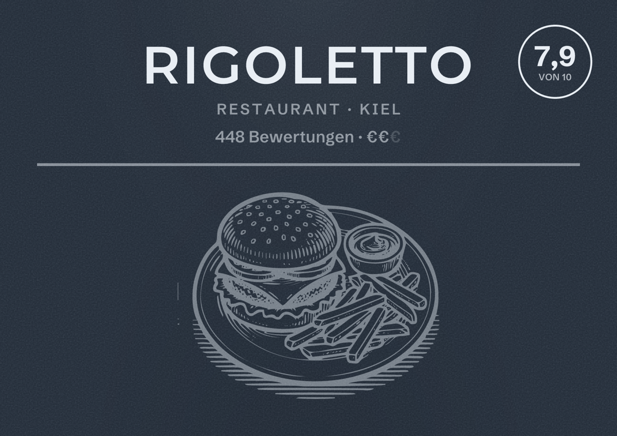 Illustriertes Poster von Rigoletto, Restaurant in Kiel: Bewertung 7,9 von 10 aus 448 Bewertungen, Preisniveau €€