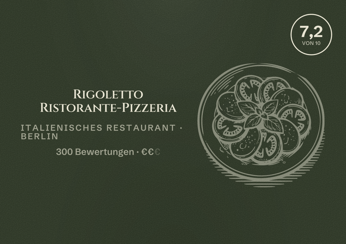Illustriertes Poster von Rigoletto Ristorante-Pizzeria, Italienisches Restaurant in Berlin: Bewertung 7,2 von 10 aus 300 Bewertungen, Preisniveau €€