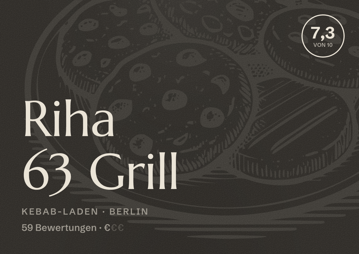 Illustriertes Poster von Riha 63 Grill, Kebab-Laden in Berlin: Bewertung 7,3 von 10 aus 59 Bewertungen, Preisniveau €