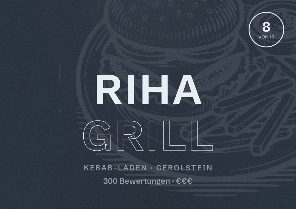 Illustriertes Poster von Riha Grill, Kebab-Laden in Gerolstein: Bewertung 8 von 10 aus 300 Bewertungen, Preisniveau €€€