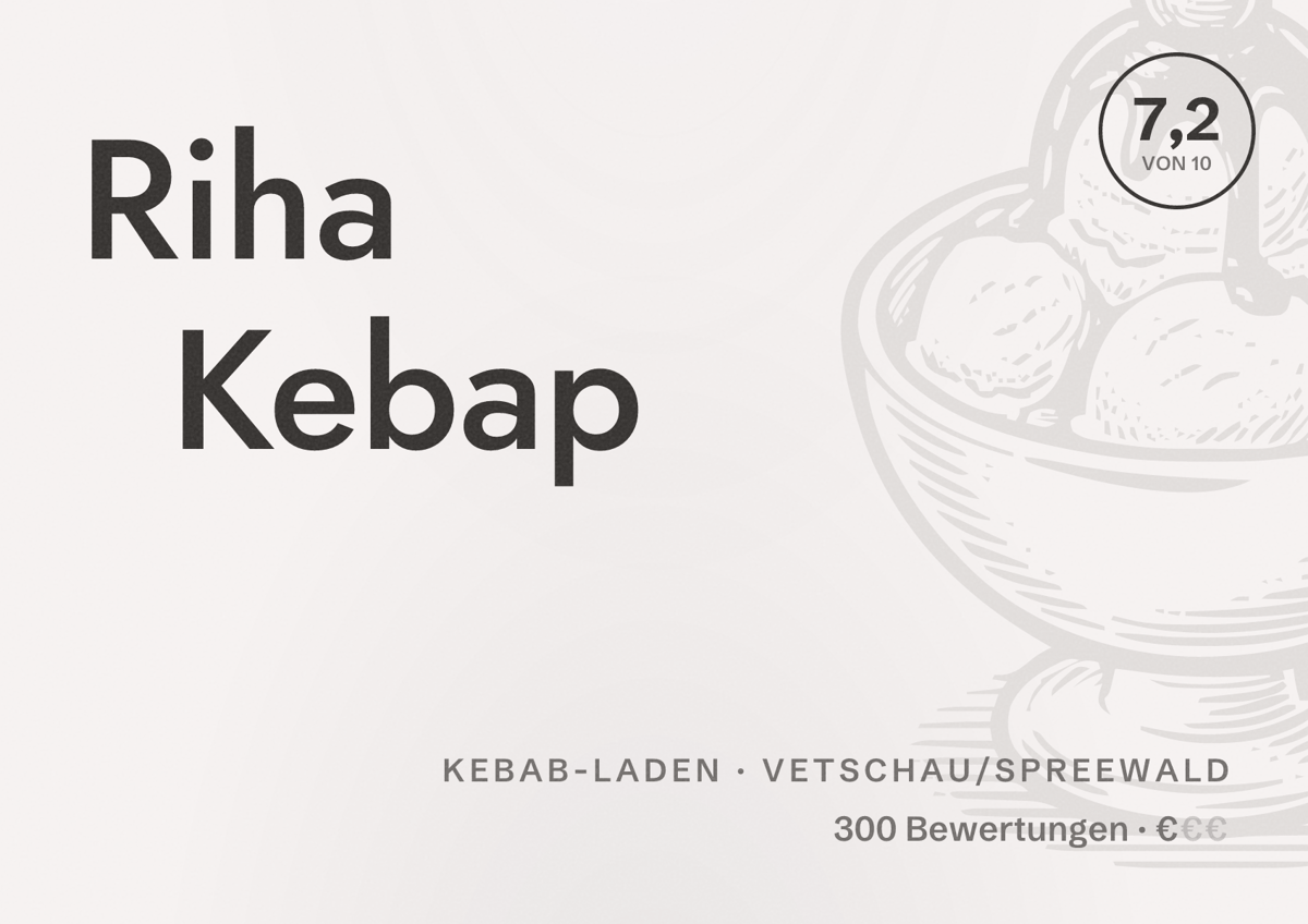 Illustriertes Poster von Riha Kebap, Kebab-Laden in Vetschau/Spreewald: Bewertung 7,2 von 10 aus 300 Bewertungen, Preisniveau €