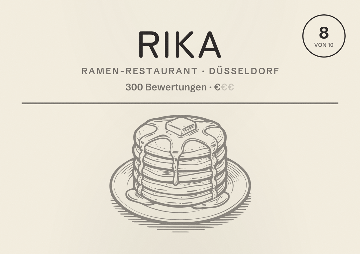 Illustriertes Poster von Rika, Ramen-Restaurant in Düsseldorf: Bewertung 8,0 von 10 aus 300 Bewertungen, Preisniveau €