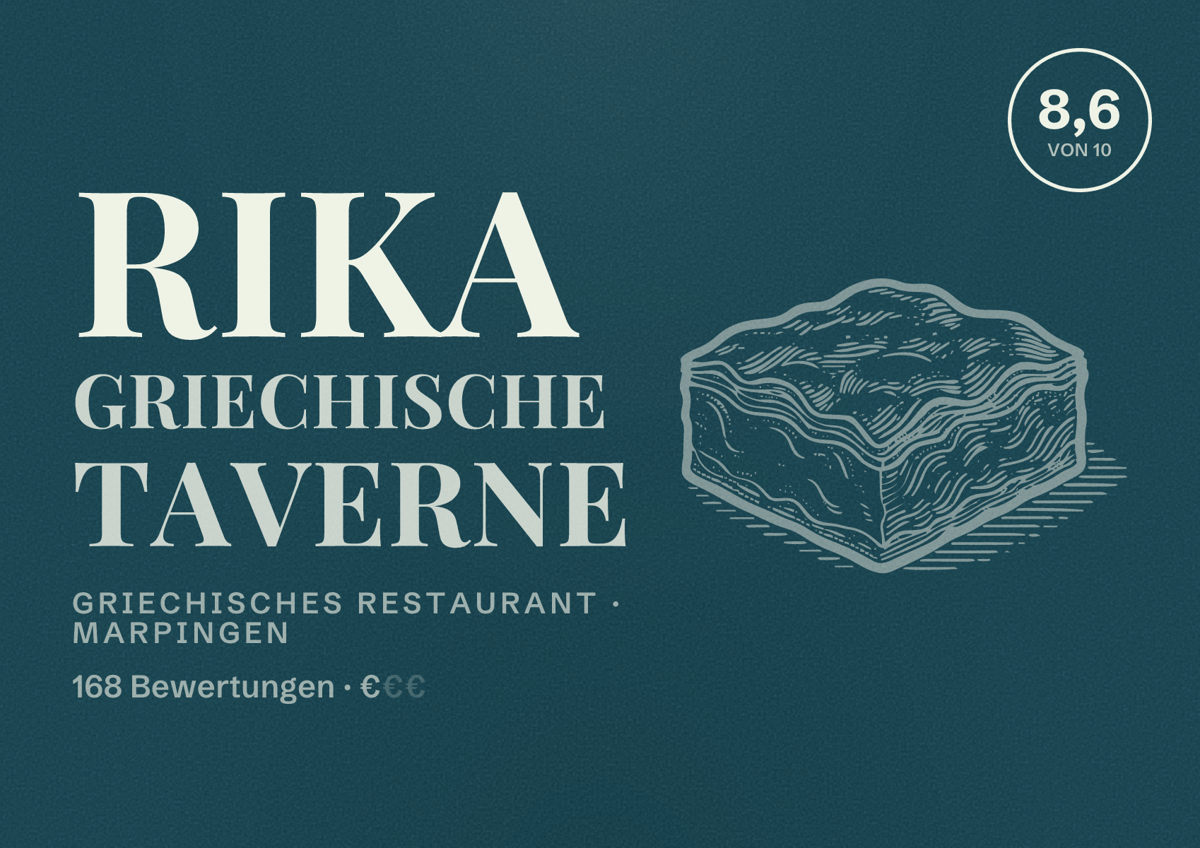 Illustriertes Poster von Rika Griechische Taverne, Griechisches Restaurant in Marpingen: Bewertung 8,6 von 10 aus 168 Bewertungen, Preisniveau €