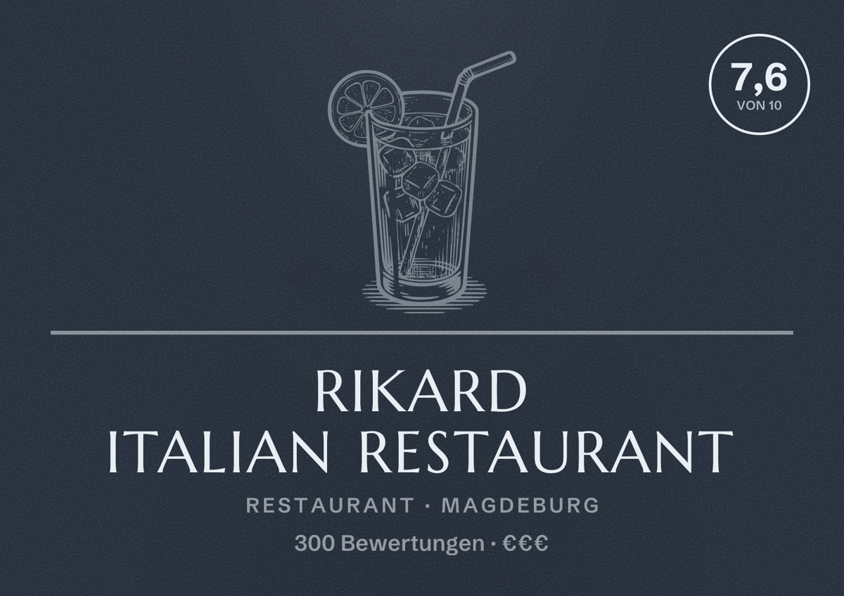 Illustriertes Poster von Rikard italian Restaurant, Restaurant in Magdeburg: Bewertung 7,6 von 10 aus 300 Bewertungen, Preisniveau €€€