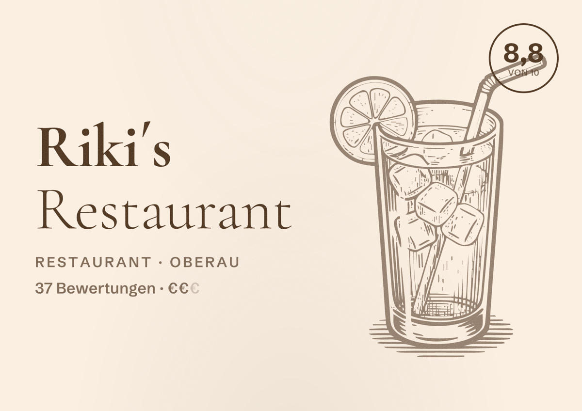 Illustriertes Poster von Riki´s Restaurant, Restaurant in Oberau: Bewertung 8,8 von 10 aus 37 Bewertungen, Preisniveau €€