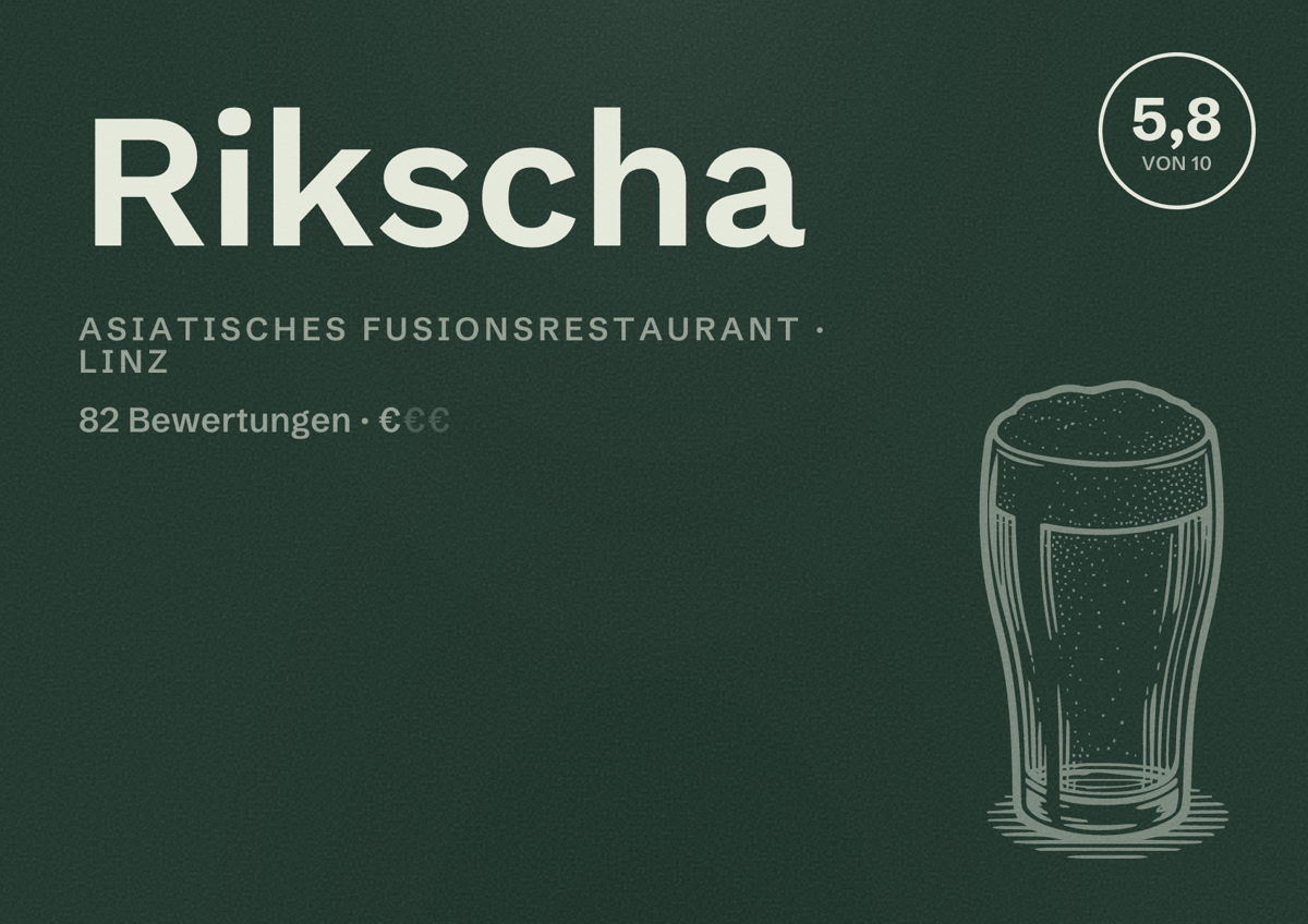 Illustriertes Poster von Rikscha, Asiatisches Fusionsrestaurant in Linz: Bewertung 5,8 von 10 aus 82 Bewertungen, Preisniveau €