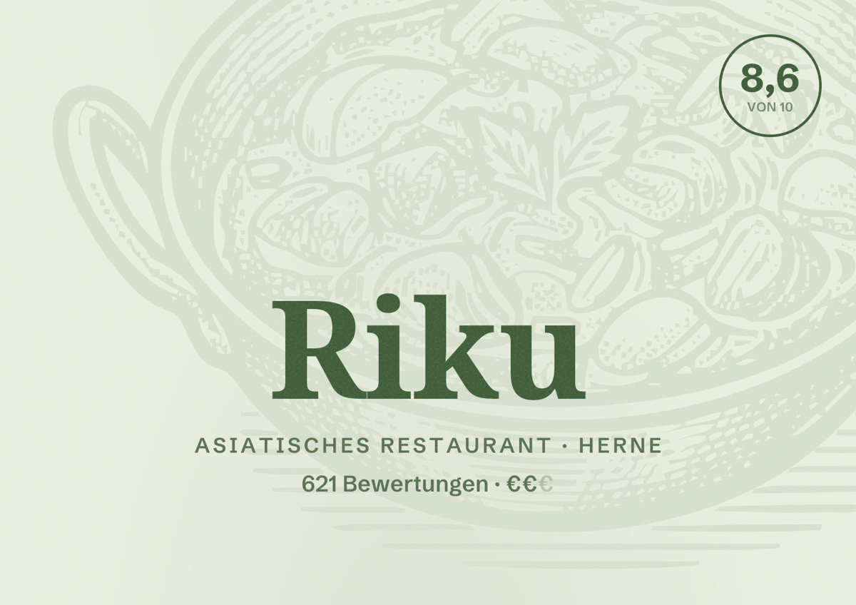 Illustriertes Poster von Riku, Asiatisches Restaurant in Herne: Bewertung 8,6 von 10 aus 621 Bewertungen, Preisniveau €€