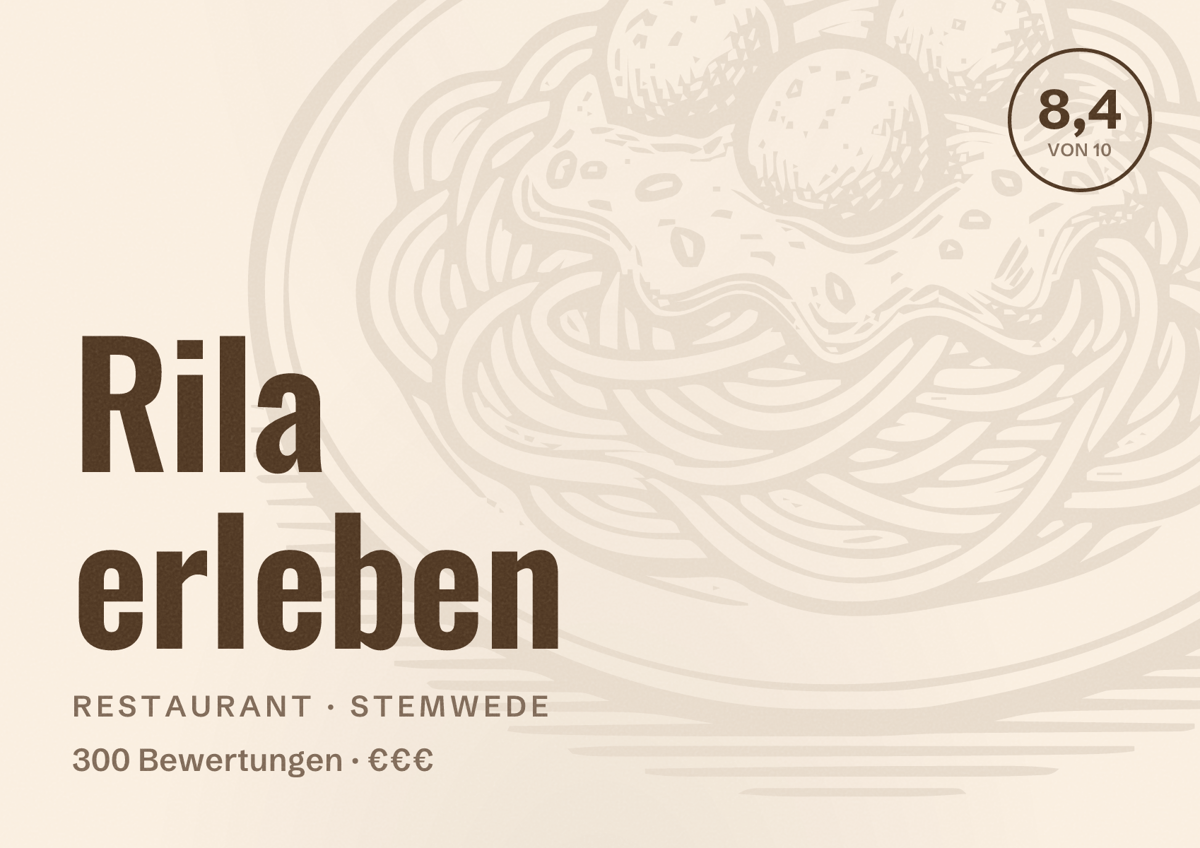 Illustriertes Poster von Rila erleben, Restaurant in Stemwede: Bewertung 8,4 von 10 aus 300 Bewertungen, Preisniveau €€€