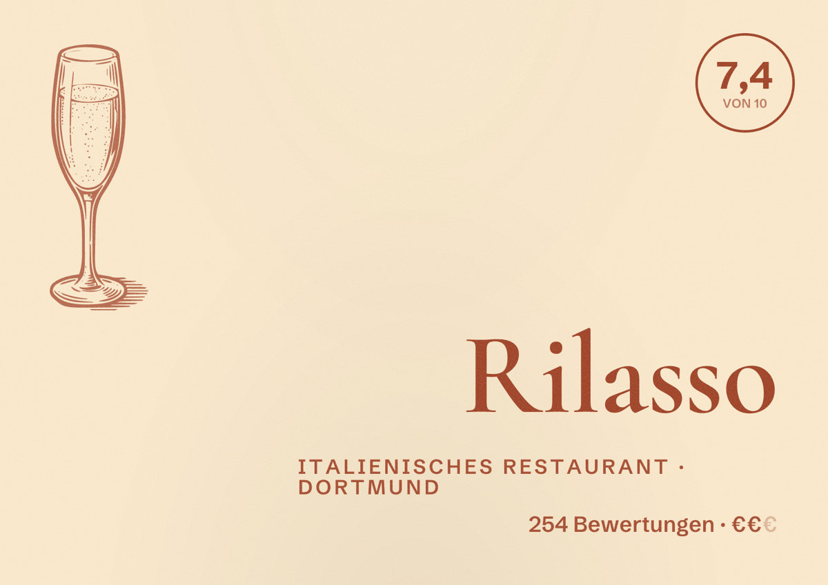 Illustriertes Poster von Rilasso, Italienisches Restaurant in Dortmund: Bewertung 7,4 von 10 aus 254 Bewertungen, Preisniveau €€