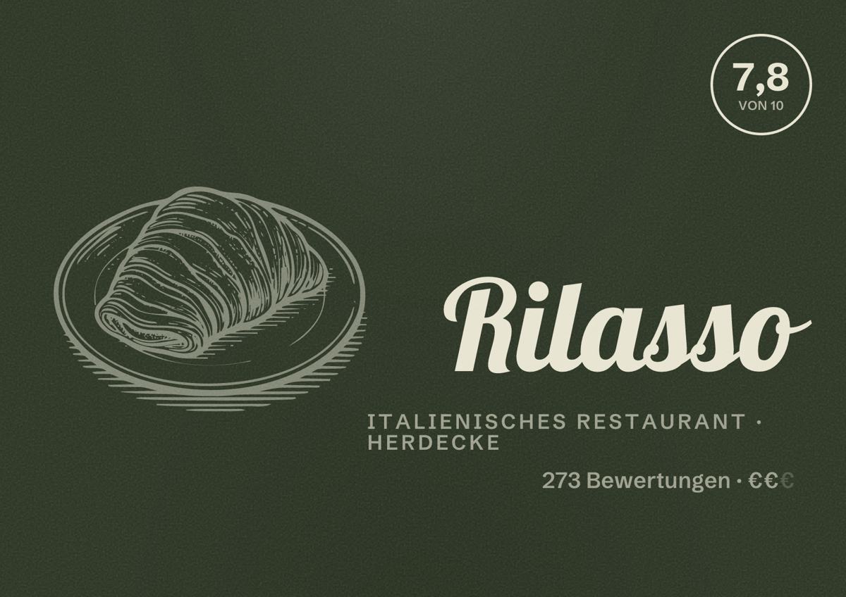 Illustriertes Poster von Rilasso, Italienisches Restaurant in Herdecke: Bewertung 7,8 von 10 aus 273 Bewertungen, Preisniveau €€