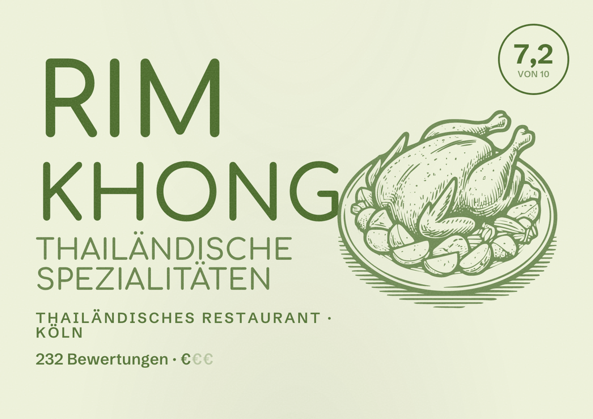 Illustriertes Poster von Rim Khong Thailändische Spezialitäten, Thailändisches Restaurant in Köln: Bewertung 7,2 von 10 aus 232 Bewertungen, Preisniveau €
