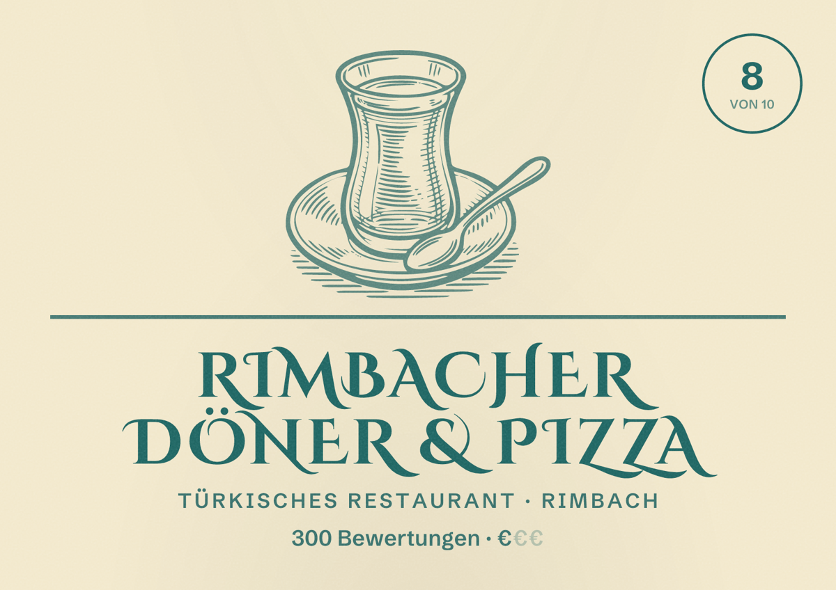 Illustriertes Poster von Rimbacher Döner & Pizza, Türkisches Restaurant in Rimbach: Bewertung 8 von 10 aus 300 Bewertungen, Preisniveau €