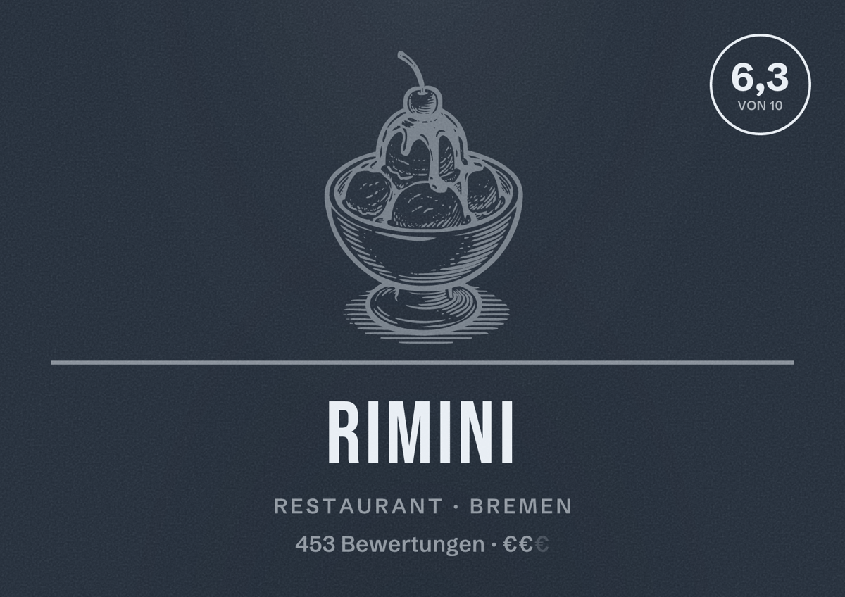 Illustriertes Poster von Rimini, Restaurant in Bremen: Bewertung 6,3 von 10 aus 453 Bewertungen, Preisniveau €€
