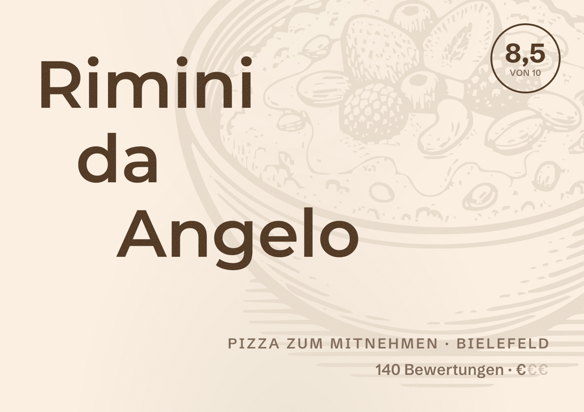 Illustriertes Poster von Rimini da Angelo, Pizza zum Mitnehmen in Bielefeld: Bewertung 8,5 von 10 aus 140 Bewertungen, Preisniveau €