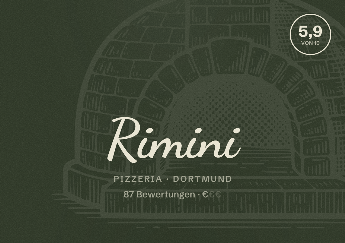 Illustriertes Poster von Rimini, Pizzeria in Dortmund: Bewertung 5,9 von 10 aus 87 Bewertungen, Preisniveau €