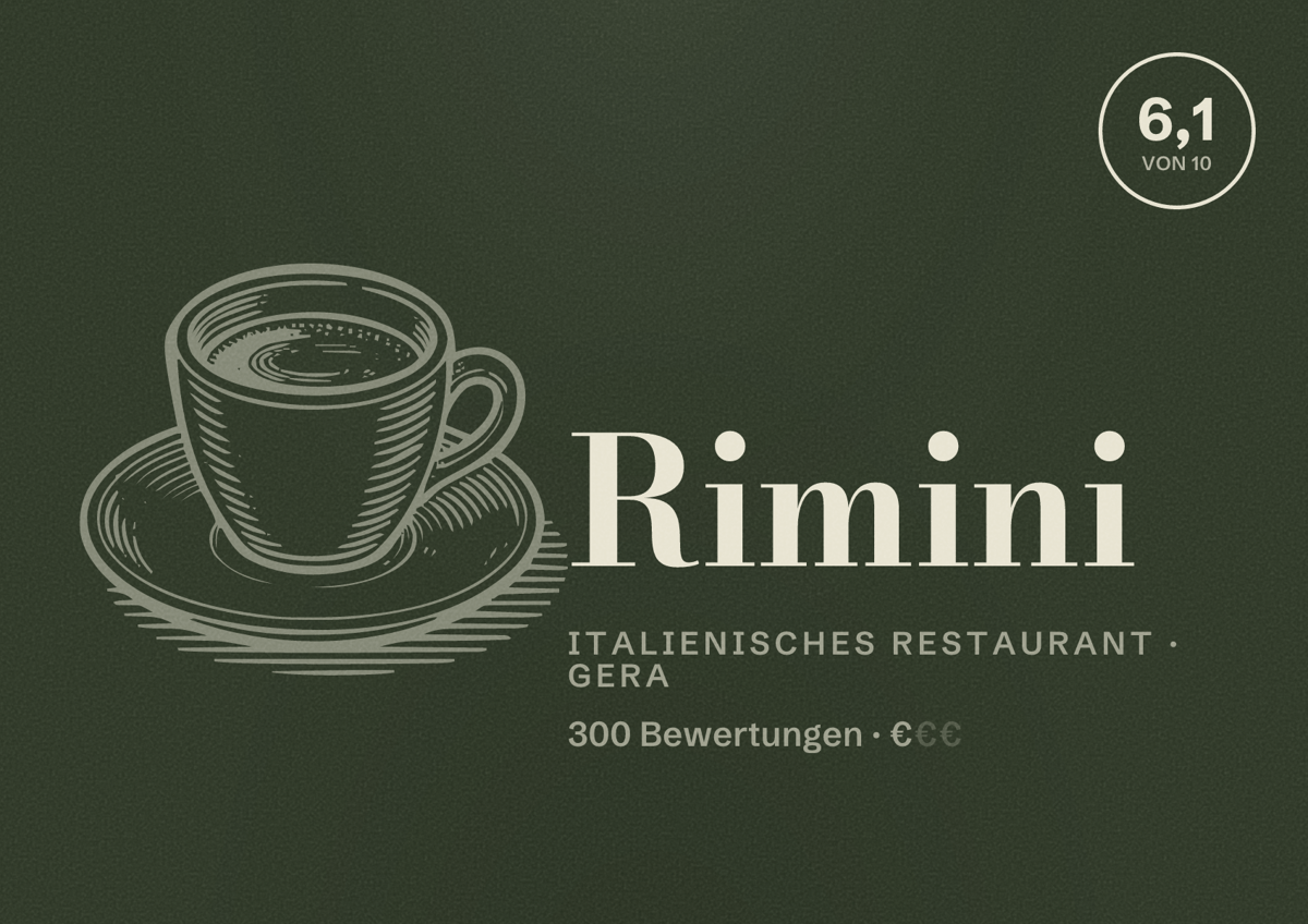 Illustriertes Poster von Rimini, Italienisches Restaurant in Gera: Bewertung 6,1 von 10 aus 300 Bewertungen, Preisniveau €